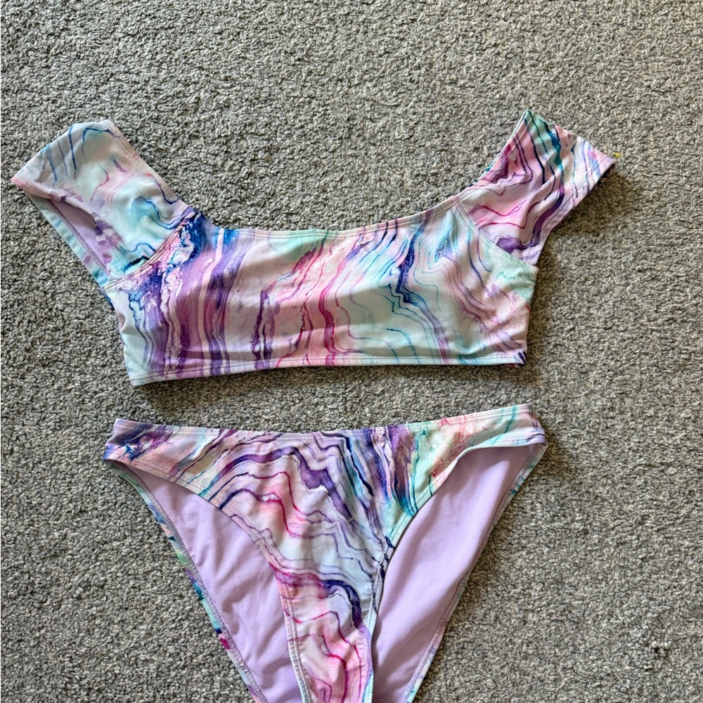 Marble-Print Off-Shoulder Bikini in Pastel Pink & Lavender